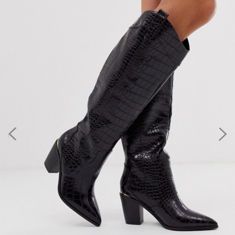 ASOS Wide Fit Western Knee Boots Black Croc Size 7